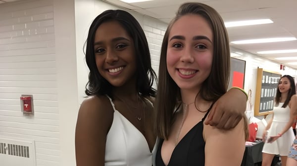 Dos estudiantes de la Dunbarton High School sonríen juntas en el pasillo de la escuela frente a taquillas.