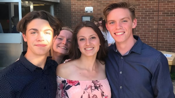 Un grupo de cuatro personas sonríe frente a un edificio de ladrillo en el campus de la Eastview Secondary School.