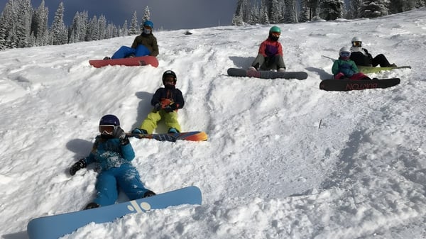 Estudiantes de la École des Sentiers-Alpins bajan por una pendiente cubierta de nieve en el bosque invernal en snowboard.