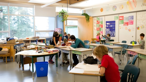 Estudiantes de la École du Bois-Joli trabajan en un aula colorida con muchos materiales didácticos en las paredes.
