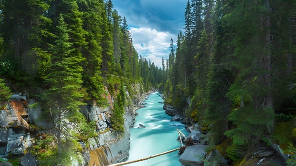 Un río turquesa fluye a través de un cañón boscoso con altos acantilados rocosos cerca de la Edward Milne Community School.