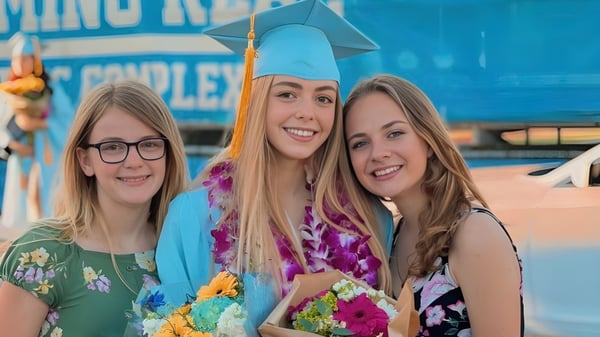 Tres estudiantes en vestimenta de graduación colorida celebran su graduación en la El Camino Real Charter High School frente a decoraciones de carnaval.