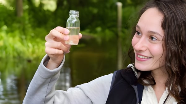 Una estudiante de la Elite Preparatory Academy sostiene una pequeña botella de vidrio frente a un follaje verde.