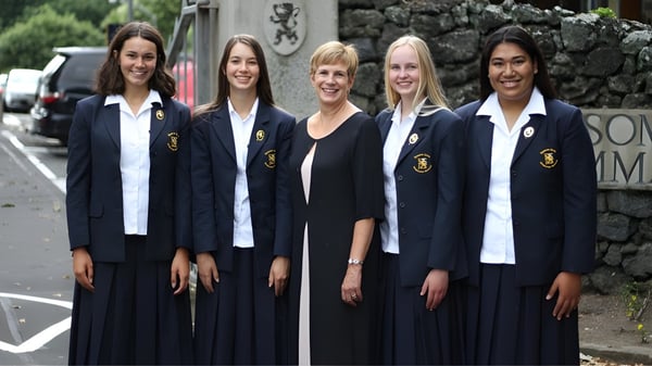 Un grupo de cinco estudiantes de la Epsom Girls Grammar School está de pie frente a una pared de piedra.