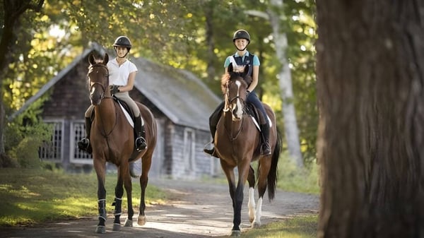 Dos jinetes con caballos en un sendero forestal en el terreno de la Ethel Walker School.