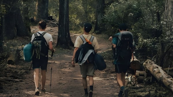 Tres personas están caminando por un sendero forestal en el terreno del Eton College.