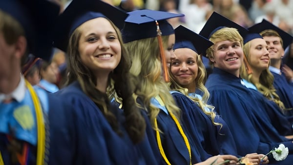 Un grupo de graduados en togas azules y amarillas se agrupan durante la graduación del F-1 No Choice Programm USA.