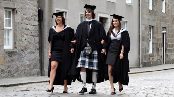 Tres graduados del Fettes College en ropa académica están de pie frente a un edificio de piedra en un empedrado.