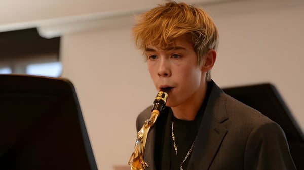 Un estudiante de la Fountain Valley School of Colorado toca un saxofón con cabello naranja en un escenario frente a un fondo oscuro.
