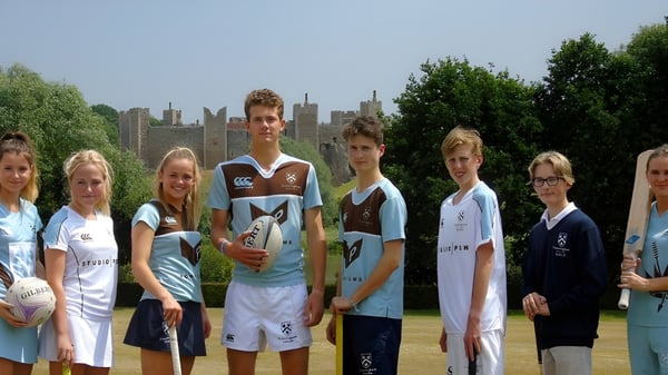 Un grupo de estudiantes del Framlingham College está en uniformes deportivos en un campo de deportes cubierto de hierba con un paisaje urbano de fondo.