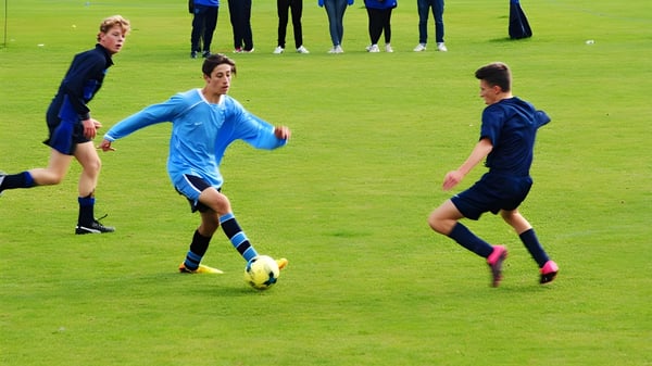 Dos futbolistas de la Frensham Heights School luchan por el balón en un campo de fútbol cubierto de hierba.