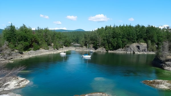 Un lago turquesa con bosques de coníferas y rocas circundantes bajo un cielo adornado de nubes cerca de la Garibaldi Secondary School.