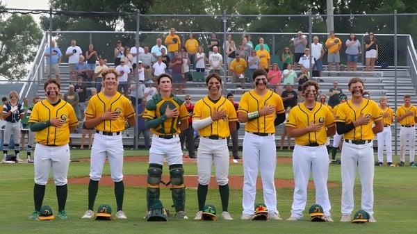 Estudiantes de la Gehlen Catholic School están juntos en el campo de béisbol con camisetas amarillas frente a los espectadores.