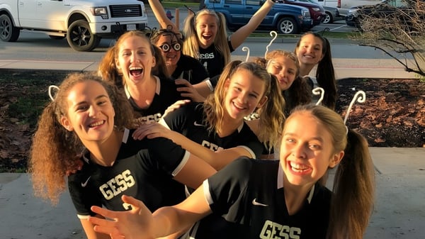 Un grupo de alumnas de la George Elliot Secondary School posan riendo afuera frente a vehículos estacionados.