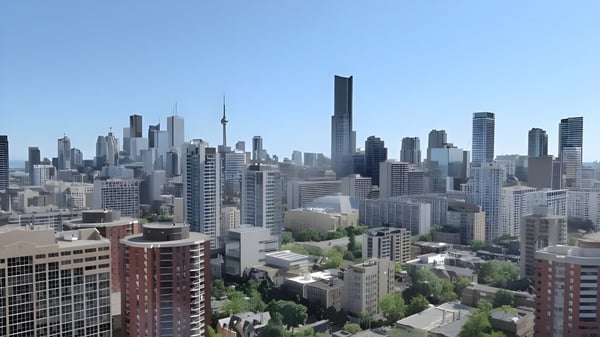 El cielo urbano con rascacielos es visible desde el entorno del George Harvey Collegiate Institute.