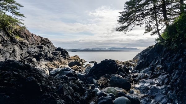 Costa rocosa con acantilados empinados y mar de fondo cerca de la Golden Secondary School.