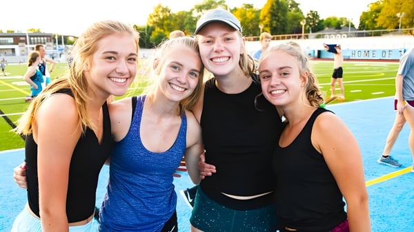 Cuatro estudiantes de la Grand Rapids Christian High School posan riendo en un campo de deportes con árboles y edificios al fondo.