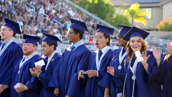 Un grupo de graduadas y graduados en togas azules está reunido en el Greater Essex County District School Board.