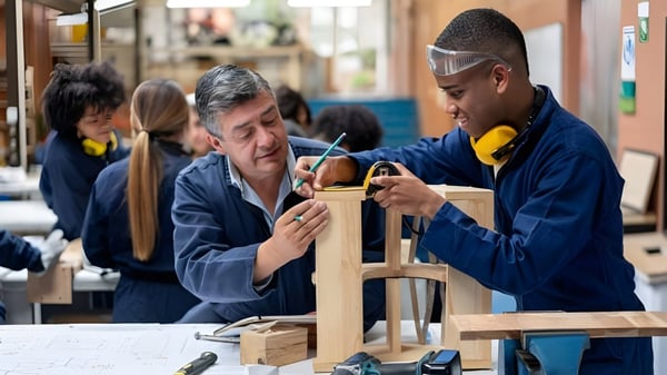 Dos hombres trabajan juntos en un proyecto de madera en el taller del Guelph Collegiate Vocational Institute.