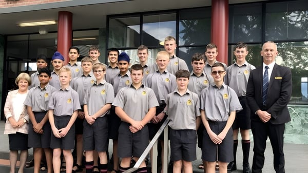 Un grupo de estudiantes y profesores posan frente al edificio escolar de la Hamilton Boy's High School.
