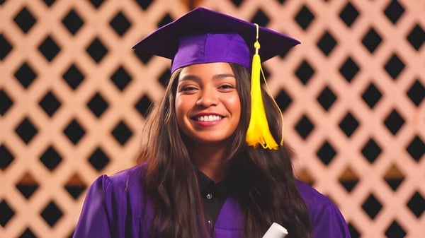 Una graduada de Hanalani Schools lleva una toga de graduación violeta y está frente a una estructura de madera.