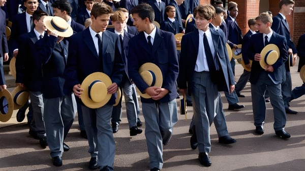 Un grupo de estudiantes de la Harrow School camina vestido formalmente con trajes y sombreros.