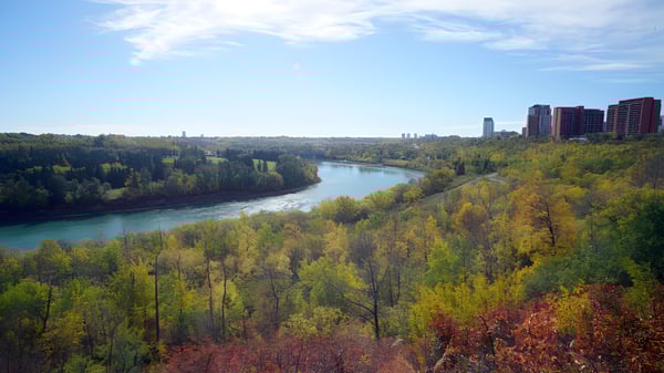 Un paisaje fluvial con colorido follaje otoñal y una ciudad lejana se puede ver en los alrededores de la Harry Ainlay High School.