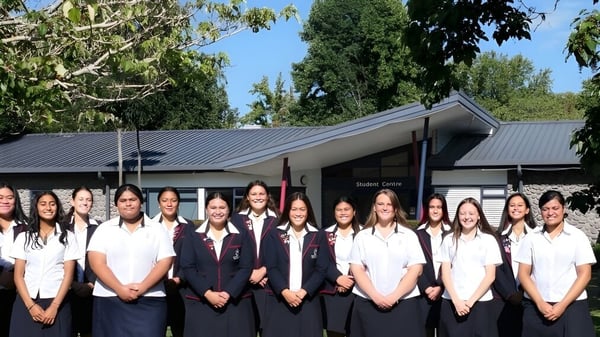 Un grupo de alumnas en uniformes escolares está frente a un edificio con techo de metal en el campus de Hastings Girls' High School.