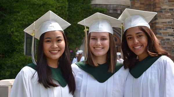 Tres alumnas del Havergal College están vestidas de gala frente a un edificio de ladrillo con área verde.