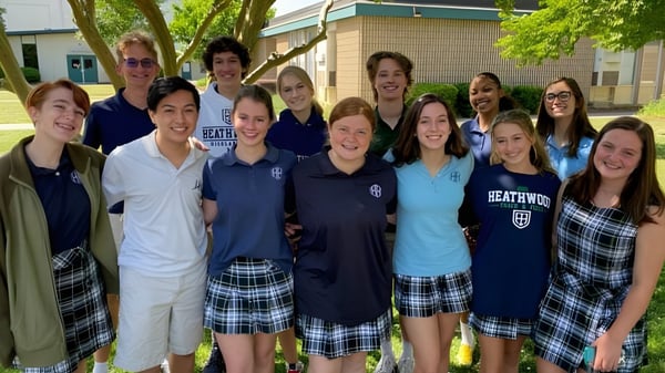 Un grupo de estudiantes sonrientes está junto en el campus de la Heathwood Hall Episcopal School.