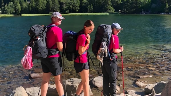 Un grupo de estudiantes de la Hereford Cathedral School está en la orilla de un lago turquesa en medio de un bosque de coníferas.