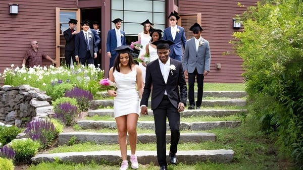 Un grupo de personas vestidas formalmente, incluyendo a la novia y el novio, sube las escaleras de piedra en el terreno de la High Mowing School.