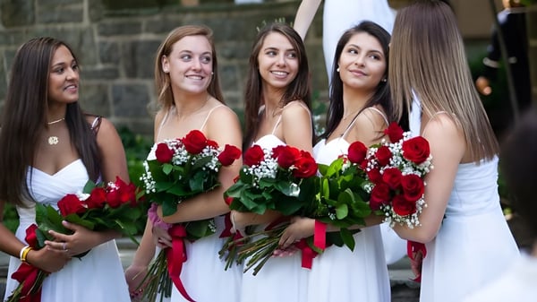 Un grupo de estudiantes de la Holy Child Secondary School está de pie en vestidos blancos con grandes ramos de rosas rojas frente a un edificio de ladrillo.