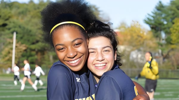 Dos estudiantes de la Hyde School se abrazan amistosamente en una pradera con árboles de fondo.