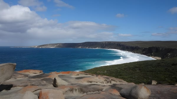 Una costa rocosa con olas en el mar bajo un cielo nublado cerca del Immanuel College.