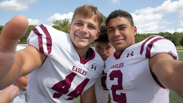 Tres estudiantes de la Indiana Private Highschool llevan camisetas deportivas blancas y burdeos y posan afuera frente a un cielo nublado y árboles.