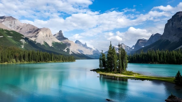 Un tranquilo lago con una pequeña isla y montañas cubiertas de nieve al fondo cerca de la James M. Hill Memorial High School.