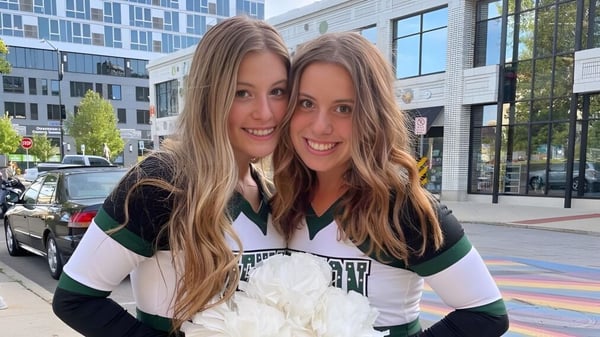 Dos estudiantes de la Jenison High School posan frente al moderno edificio escolar con grandes ventanas.