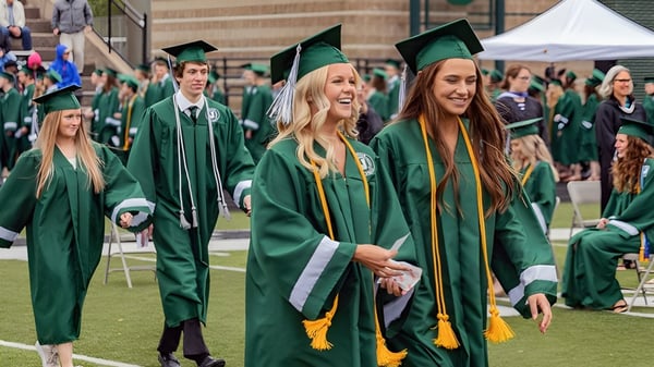 Los graduados de la Jenison Public Schools están de pie en togas y birretes verdes sobre un césped al aire libre.