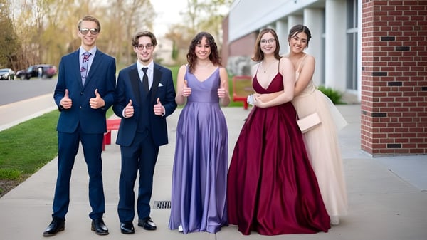 Un grupo de personas está de pie en el campus de la JSerra Catholic High School frente a un edificio de ladrillo.