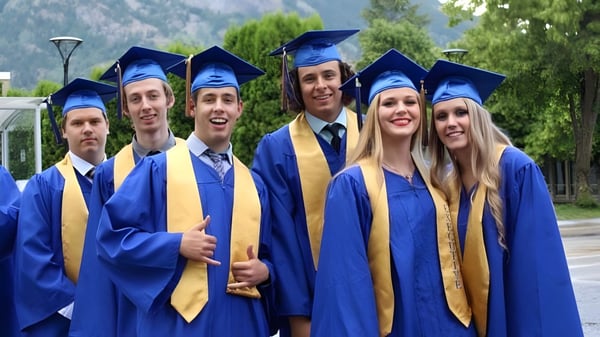 Graduados de la J.V. Humphries Secondary School están en sus togas azules y doradas juntos al aire libre frente a árboles y montañas.