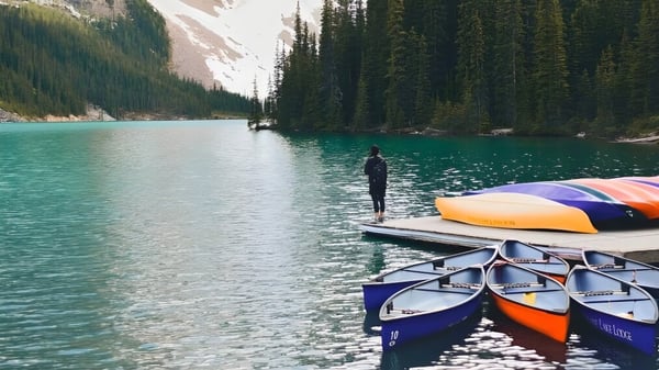Un lago con coloridos kayaks y una persona en el agua frente a montañas boscosas en el terreno de la Kamloops School of the Arts.