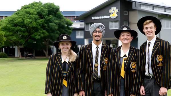 Cuatro estudiantes de la Kedron State High School están frente al edificio escolar con árboles de fondo.