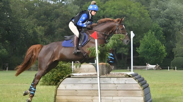 Una persona monta un caballo marrón sobre un obstáculo de madera en el terreno del Kent College.