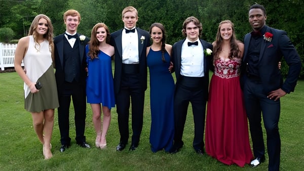 Un grupo de estudiantes de la Kent School está de pie juntos en ropa formal en un prado frente a una cerca blanca de tablones.