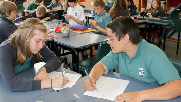 Estudiantes de la Kerikeri High School trabajan juntos en un aula en una tarea grupal.