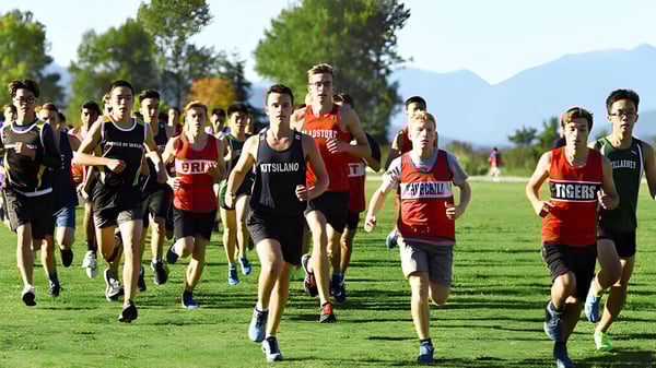 Estudiantes de la Killarney Secondary School participan en una carrera de campo a través en un campo con árboles y montañas.