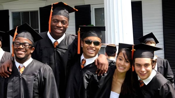 Un grupo de graduados en togas está frente a un edificio blanco en el campus de la Kimball Union Academy.