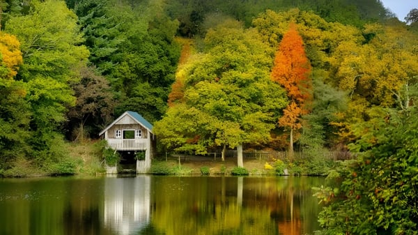 Una pequeña cabaña de madera se encuentra junto a un tranquilo estanque en el terreno de la King Edward's Witley School en un vestido de colores otoñales.