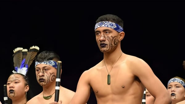 Un grupo de hombres con tatuajes faciales tradicionales maoríes y tocados presenta una actuación de danza en el escenario de la King's High School.